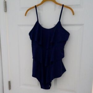 Ladies Navy Blue Ruffled One Piece Swimsuit. Size XL